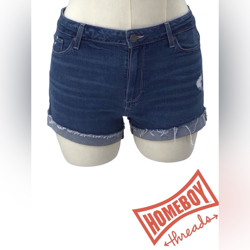 PAIGE Blue Jean Shorts with Frayed Hem